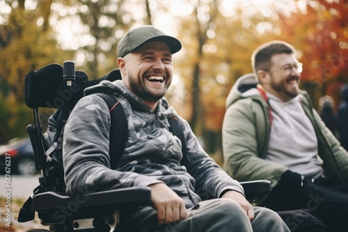A heartwarming image of a man in a wheelchair sharing a laugh with a backpacker. 