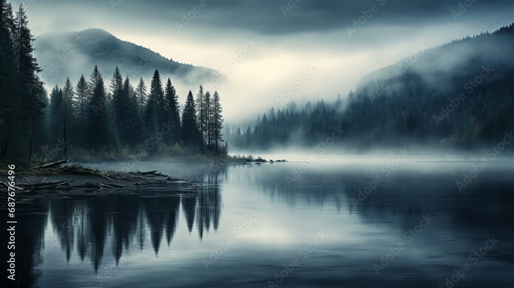 A dense fog rolling over a tranquil lake, shrouding the landscape in mystery.