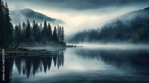 A dense fog rolling over a tranquil lake, shrouding the landscape in mystery.