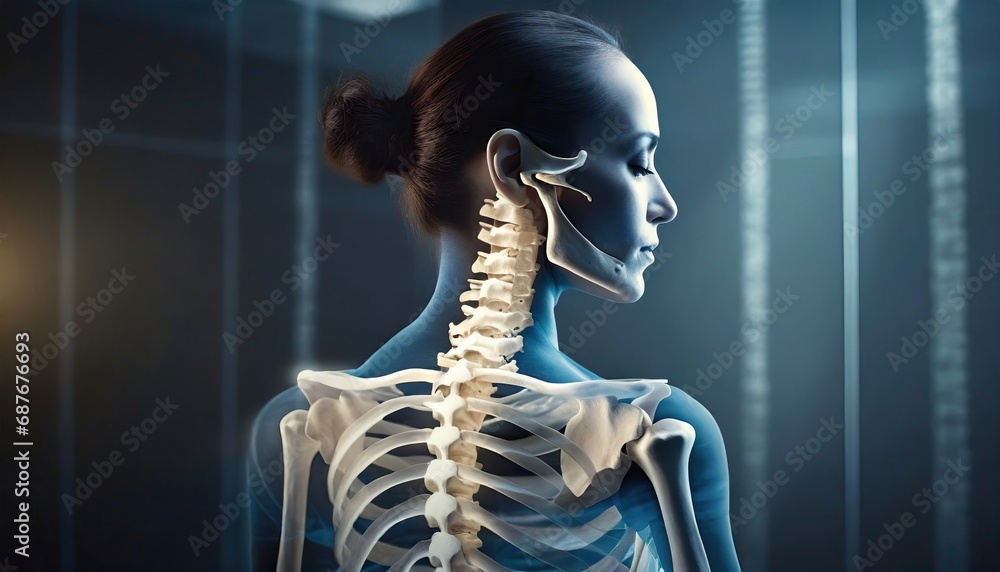 Human skeleton with view on the spine bones XRay - obrazy, fototapety, plakaty 