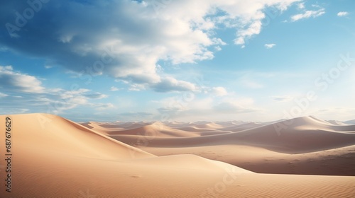 A dramatic desert landscape  with towering sand dunes and a vast expanse of open sky.