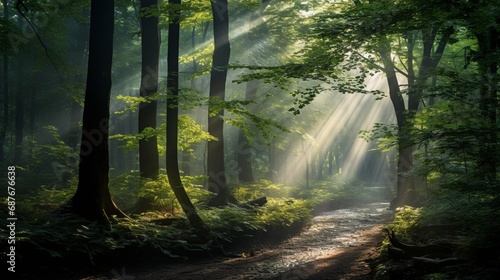 A dense forest shrouded in mist  with rays of sunlight piercing through the foliage.