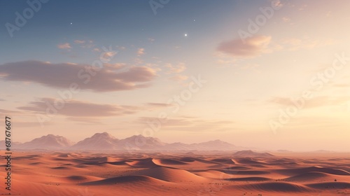 A dramatic desert landscape, with towering sand dunes and a vast expanse of open sky.