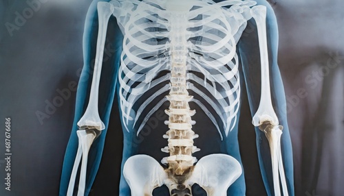 Human skeleton with view on the spine bones XRay #687676686