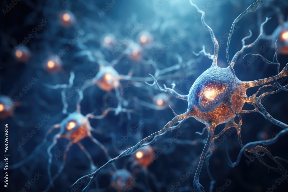 A detailed close-up image showcasing a bunch of neurons. This image can be used to illustrate concepts related to neuroscience, brain function, medical research, or education