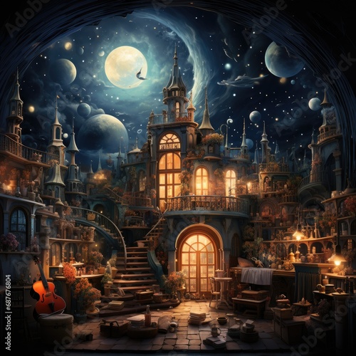 Nighttime Celestial Building with Moonlight Evoking Spiritual Belief