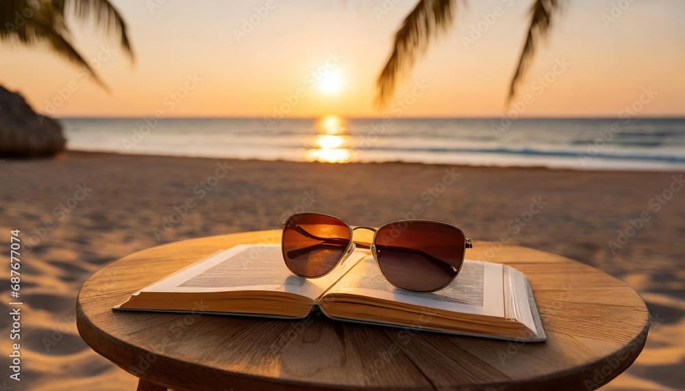 book and sunglasses on a wooden table. against the backdrop of sunset