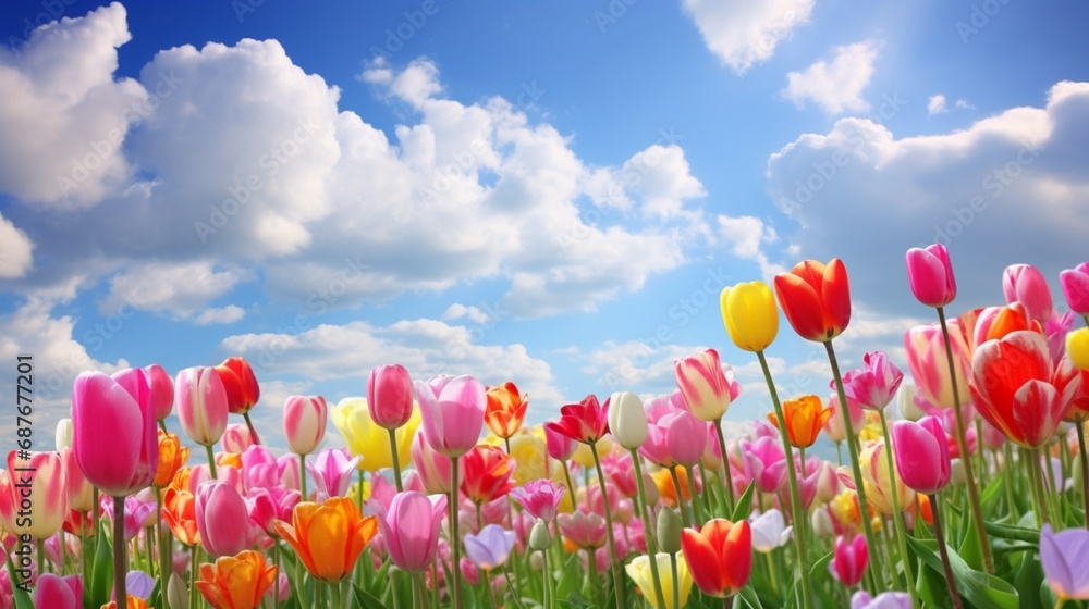 A field of vibrant tulips swaying in a gentle breeze beneath a cloud-studded sky.