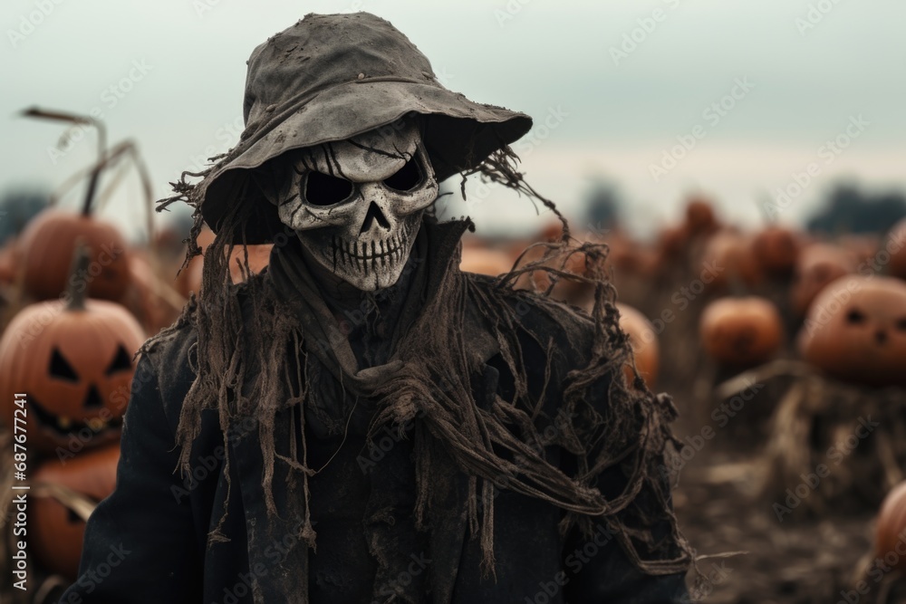 A person wearing a costume and hat standing amidst a field of pumpkins. This image can be used for Halloween-themed projects or fall-related designs