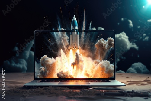 A laptop computer with a rocket flying out of it. Perfect for illustrating the concept of technological innovation and advancement. Suitable for use in technology articles, blogs, and presentations