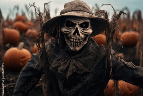 A skeleton dressed in a witch costume stands among a field of pumpkins. Perfect for Halloween-themed designs and spooky decorations