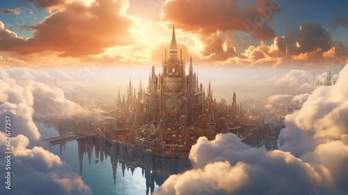 A floating city suspended among the clouds  bathed in the warm light of the setting sun.
