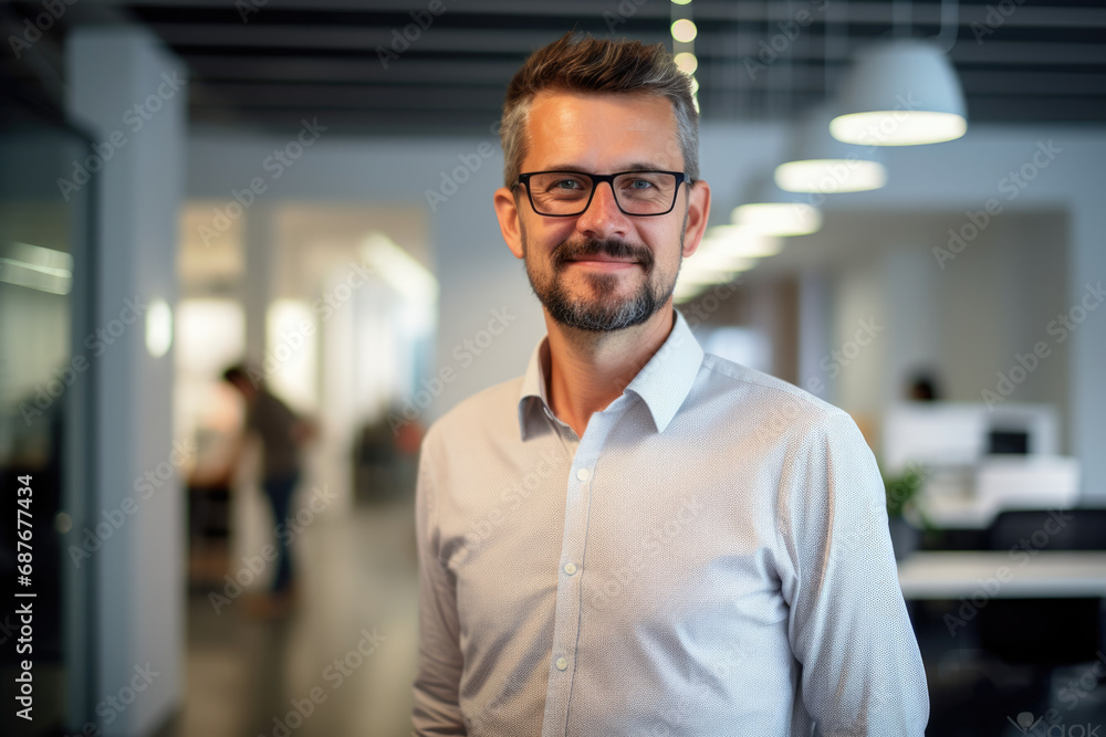 A man wearing glasses and a white shirt stands in an office A man wearing glasses and a white shirt stands in an office
