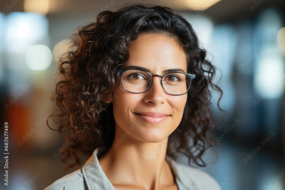 Fototapeta premium Woman with glasses smiling at camera. Perfect for professional profiles and social media.