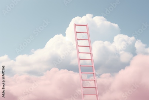 A pink ladder reaching towards the sky with fluffy clouds in the background. Ideal for concepts related to dreams, aspirations, and reaching new heights