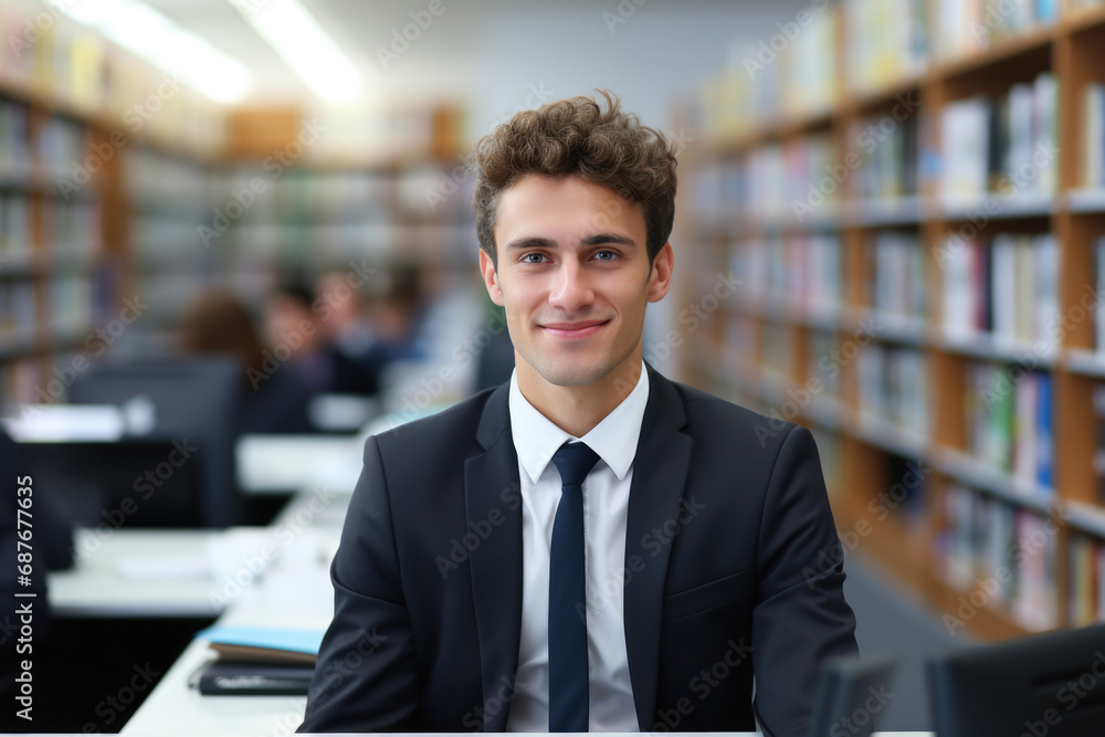 Man in suit sitting at desk in library. Suitable for business, education, or office-related concepts. Man in suit sitting at desk in library. Suitable for business, education, or office-related concepts.