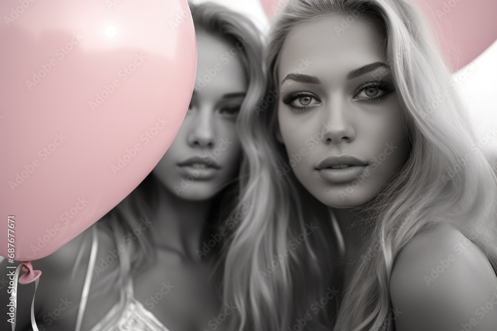 Two beautiful women standing next to each other holding pink balloons. Perfect for celebrations and joyful occasions Two beautiful women standing next to each other holding pink balloons. Perfect for celebrations and joyful occasions