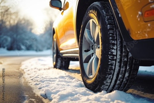 A detailed view of a car tire covered in snow. Perfect for winter-themed designs and automotive concepts © Ева Поликарпова