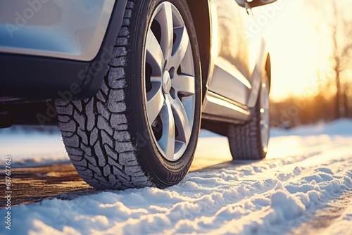A close up view of a tire on a snowy road. This image can be used to depict winter driving conditions or the need for winter tires