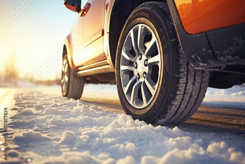 A close-up view of a tire on a car in the snow. Suitable for winter-themed projects and automotive-related designs © Ева Поликарпова