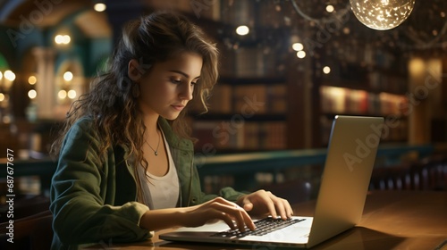 A focused woman working on a laptop at home, portraying a scene of technology, business, and education photo