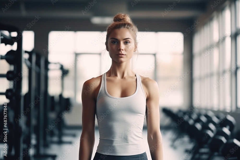 A woman in a white tank top stands in a gym A woman in a white tank top stands in a gym