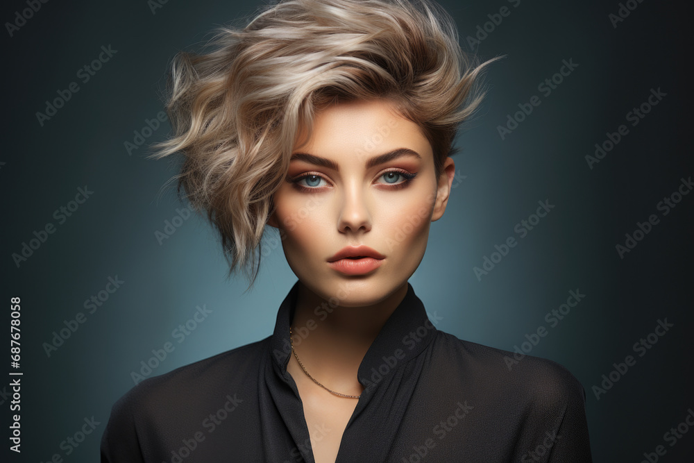 Woman with blonde hair wearing black shirt. Suitable for fashion or lifestyle themes. Woman with blonde hair wearing black shirt. Suitable for fashion or lifestyle themes.