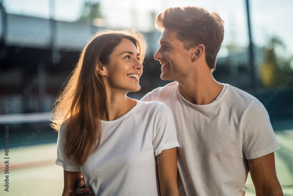 A man and a woman are looking at each other and smiling A man and a woman are looking at each other and smiling