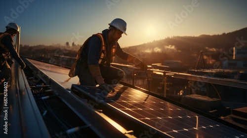 A technician installing renewable energy panels under the sunny sky, Solar wizardry © Rabbi