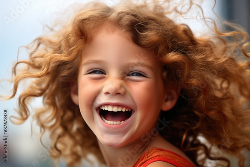 Joyful little girl with beautiful curly red hair smiles. This image can be used to depict happiness, childhood, innocence, or diversity.