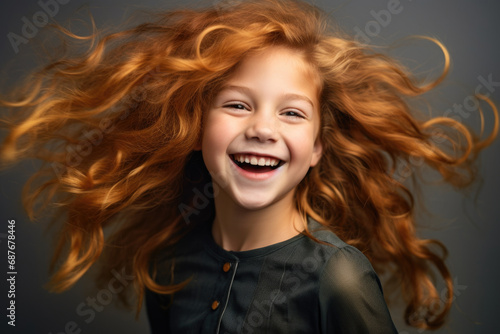 Young girl with long red hair is smiling. This picture can be used to depict happiness and positivity.