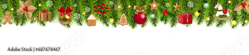 Christmas Panorama With Fir Tree White Background