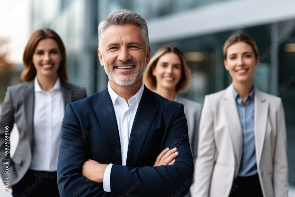 Group of business people standing in front of building. Suitable for presentation corporates and marketing materials. Group of business people standing in front of building. Suitable for presentation corporates and marketing materials.