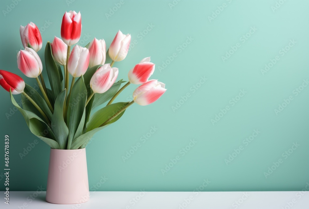 a bouquet of pink and white tulips on a light blue background, a bouquet of pink and white tulips on a light blue background,