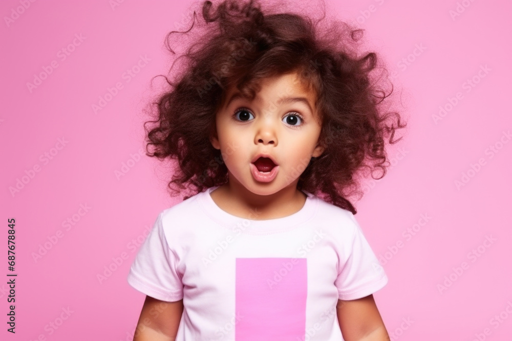 Little girl wearing pink t-shirt is making funny face. This image can be used to depict humor and playful expressions. Little girl wearing pink t-shirt is making funny face. This image can be used to depict humor and playful expressions.