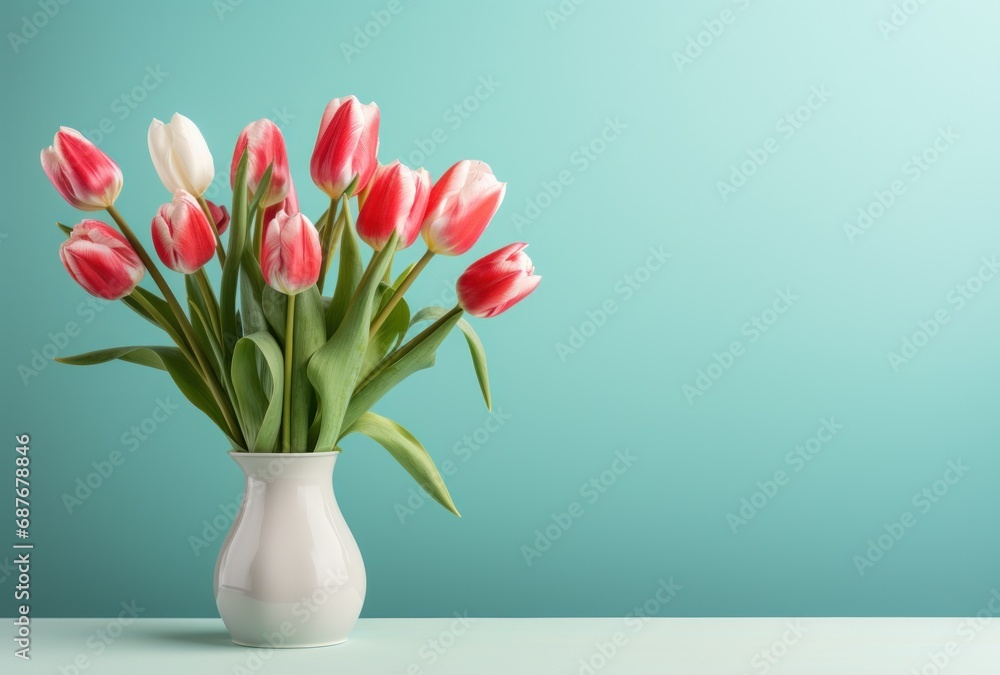 a bouquet of pink and white tulips on a light blue background, a bouquet of pink and white tulips on a light blue background,