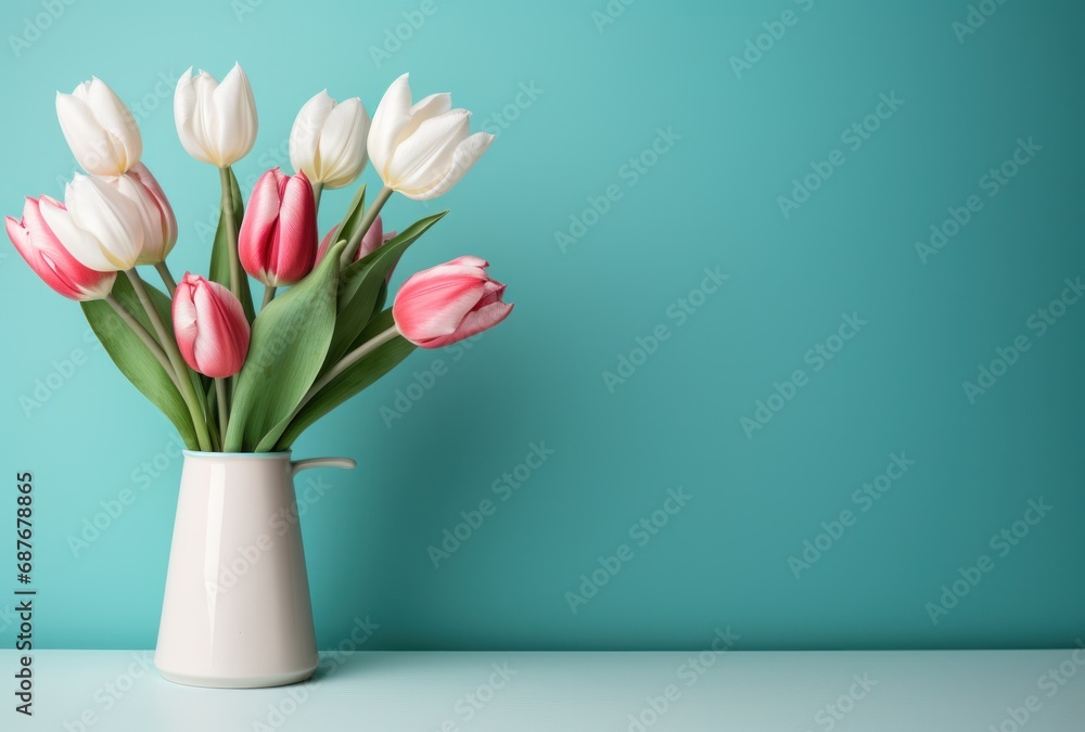 Obraz premium a bouquet of pink and white tulips on a light blue background,