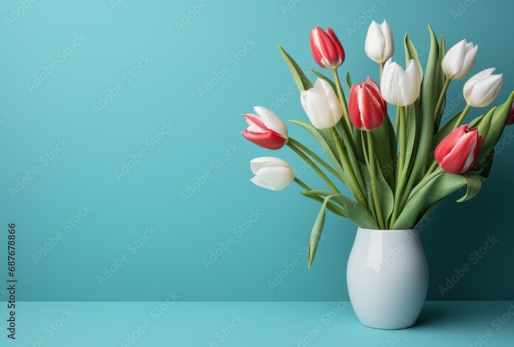 a bouquet of pink and white tulips on a light blue background, a bouquet of pink and white tulips on a light blue background,