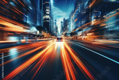 a blurry picture of traffic driving through the city,