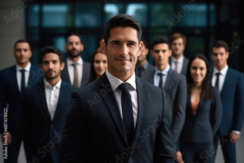 Man standing in front of group of business people. This image can be used to represent leadership, teamwork, or business presentation.