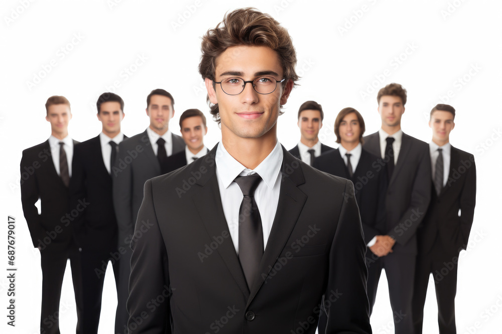 Man dressed in suit stands confidently in front of group of men. This image can be used to represent leadership, teamwork, or business meetings. Man dressed in suit stands confidently in front of group of men. This image can be used to represent leadership, teamwork, or business meetings.