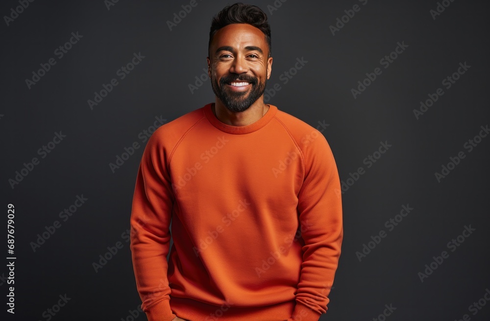 a male in an orange jumper posing for a photo,