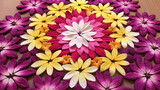 Floral Elegance: Intricate rangoli patterns created with vibrant flower petals, forming beautiful and symmetrical designs on the ground.