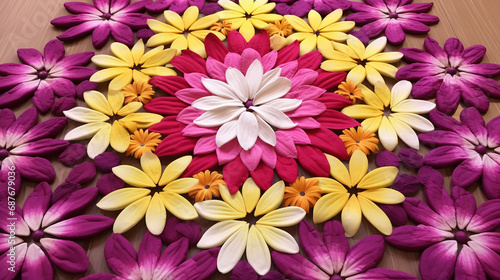 Floral Elegance: Intricate rangoli patterns created with vibrant flower petals, forming beautiful and symmetrical designs on the ground. © Наталья Евтехова