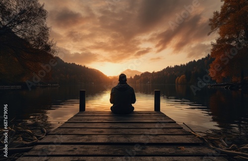 a man is sitting on a wooden dock while at sunrise