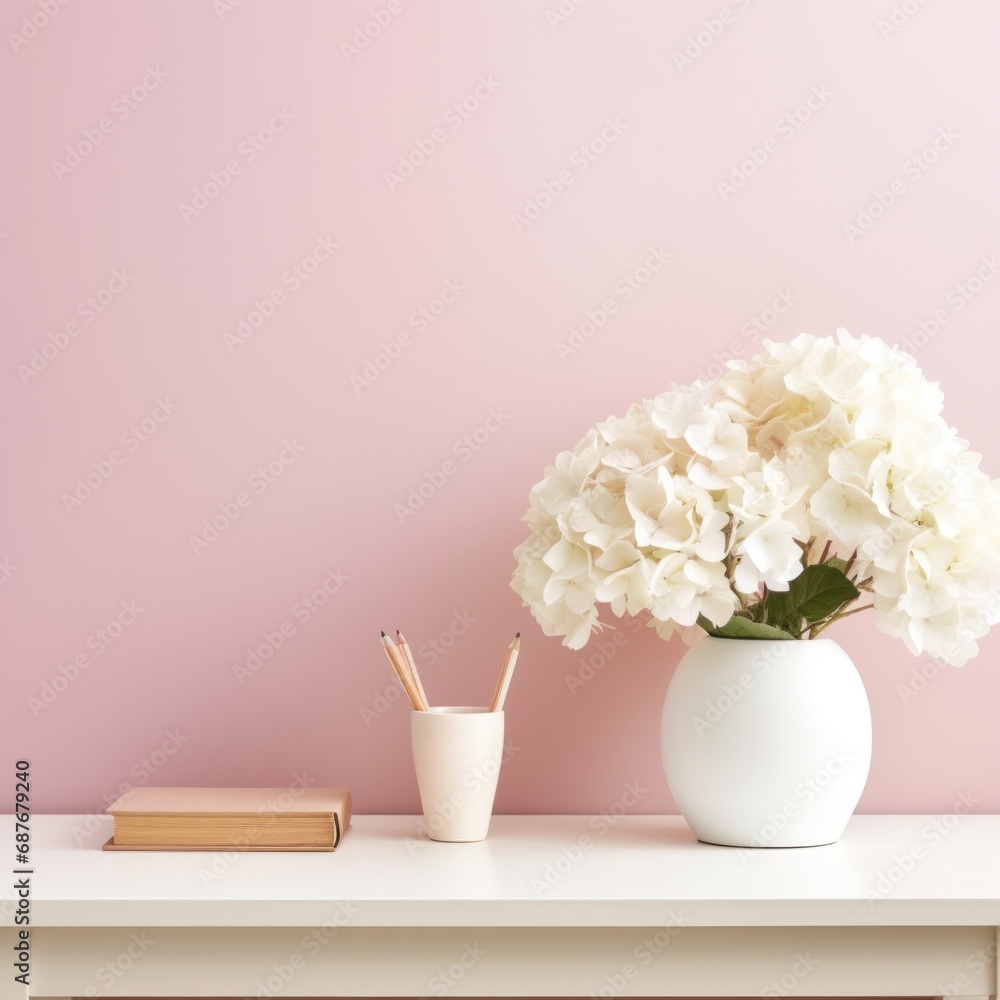 A minimalist white desk with a vase of fresh white hydrangeas