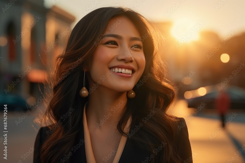 Obraz premium Woman with long dark hair smiling directly at camera. Perfect for various uses.