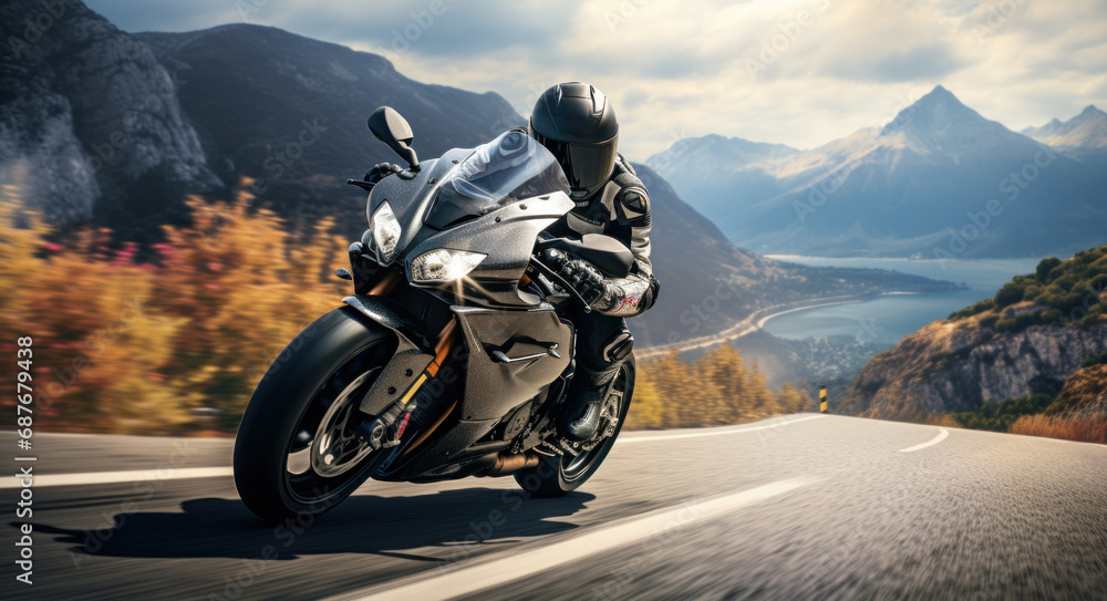 a motorcycle rider clinging onto a mountain road,