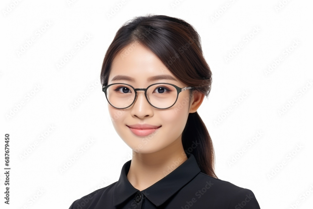 Woman wearing glasses and black shirt. Suitable for professional or casual settings.