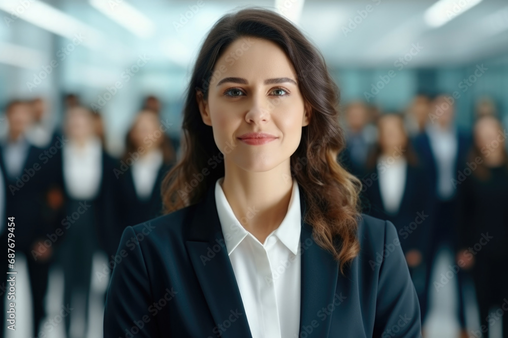 Woman confidently stands in front of group of people. This image can be used to represent leadership, public speaking, teamwork, or any situation where one person is addressing group.
